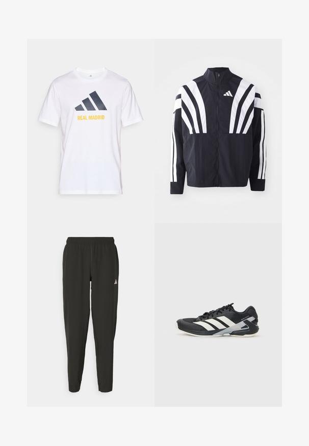 Svart jakke med høy krage, hel glidelås og markante hvite skråstriper på ermene. Laget av lett stoff med en glatt tekstur.; Hvit bomulls t-skjorte med en marineblå Adidas-logo og "REAL MADRID" trykt i gult under logoen. Kortermet, rund halsdesign.; Svarte treningbukser med elastisk midje, slim fit, og hvit logo på venstre bein. Glatt, lett stoff.; Svart treningssko med hvite striper, mesh-overdel, avrundet tå og polstret såle. Har en teksturert hæl og et sikkert snøresystem.