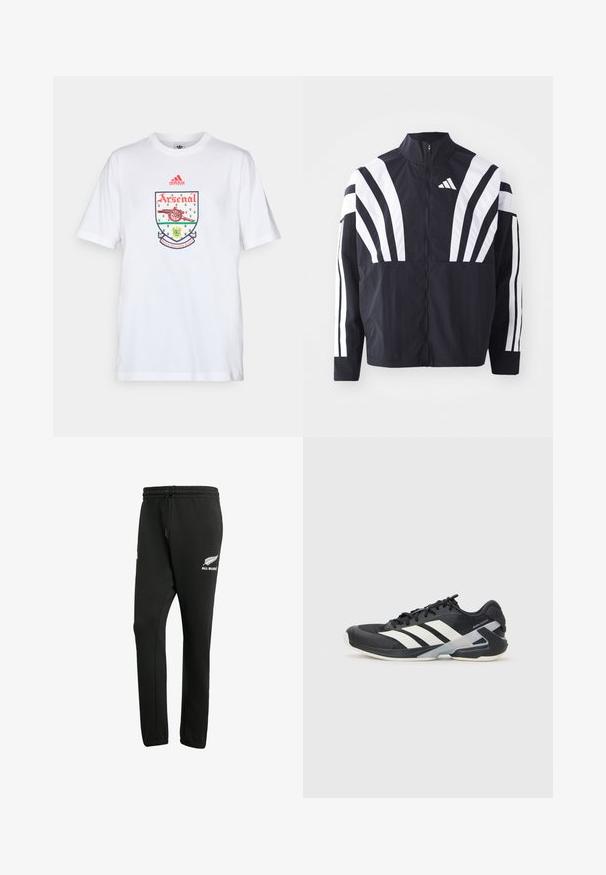 Zwarte jasje met een hoge kraag, volledige rits en gedurfde witte diagonale strepen op de mouwen. Gemaakt van lichtgewicht stof met een gladde textuur.; adidas Performance ARSENAL FC TEE 92-94 - Fanartikel - white; Zwarte sweatpants van een katoenmix, met een elastische tailleband en trekkoord, en een wit "All Blacks" logo op het linkerbeen.; Zwarte sportschoen met witte strepen, bovenwerk van mesh, ronde neus en geveerde zool. Heeft een getextureerde hak en een veilig vetersysteem.