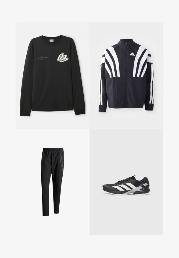 Mustrün mustaga, kõrge krae, täispikk tõmblukk ja julged valged diagonaalsed triibud varrukatel. Valmistatud kergest kangast, millel on sile tekstuur.; Must töötlus must pikkade varrukatega T-särk, mis on valmistatud puuvillast, millel on graafiline disain, kus on kolm valget sulge roheliste ja punaste aktsentidega vasakul rinnal.; Mustavad spordipüksid elastse vöökoha, kahe tõmblukuga küljetasku, kitsenevate säärete ning õrna logodetailiga puusadel.; Mustad sportlik jalanõud mustade värvidega, valgete triipudega, võrgusilma pealmine osa, ümar varvas ja pehme tallaga. Omab tekstureeritud kontsa ja kindlat paeltesüsteemi.