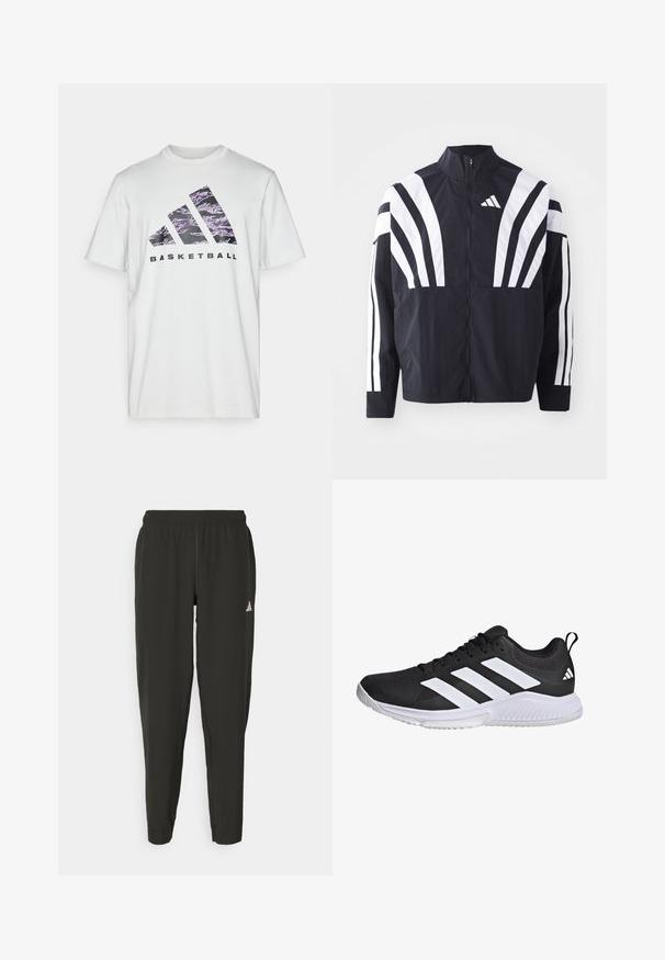 Czarna kurtka z wysokim kołnierzem, pełnym zamkiem błyskawicznym oraz wyrazistymi białymi ukośnymi paskami na rękawach. Wykonana z lekkiej tkaniny o gładkiej fakturze.; Biała bawełniana koszulka z krótkim rękawem, z purpurowym i czarnym nadrukiem graficznym przedstawiającym trzy paski oraz słowo "BASKETBALL."; Czarne spodnie sportowe z elastycznym pasem, dopasowane do sylwetki, z białym logo na lewym nogawce. Gładki, lekki materiał.; Czarny but sportowy z siateczkową cholewką, trzema białymi paskami po boku, wyściółką na podeszwie oraz gumowym spodem o teksturowanej powierzchni zapewniającym przyczepność.