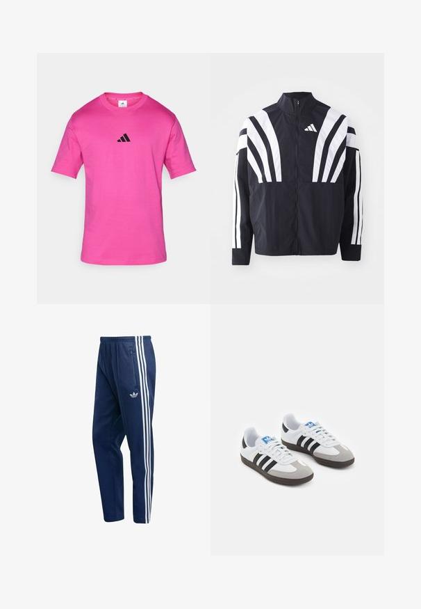 Juodas švarkas su aukštu kaklu, pilnu užtrauktuku ir ryškiomis baltomis įstrižomis juostelėmis ant rankovių. Pagamintas iš lengvos medžiagos su lygiu paviršiumi.; Rožinė medvilninė marškinė su trumpomis rankovėmis, apvaliu iškirpimu ir mažuoju juodu Adidas trefoil logotipu ant krūtinės. Lygi tekstūra, kasdienis dizainas.; Tamsiai mėlynos sportinės kelnės iš minkštos medžiagos, su trimis baltais vertikaliais dryžiais šonuose ir kišenė su užtrauktuku dešinėje klubo pusėje.; Sportiniai batai su balta odine viršutine dalimi, pilku zomšiniu priekiu ir trimis juodomis juostelėmis. Ant liežuvio yra mėlynas logotipas, o padas pagamintas iš tekstūruoto gumos.