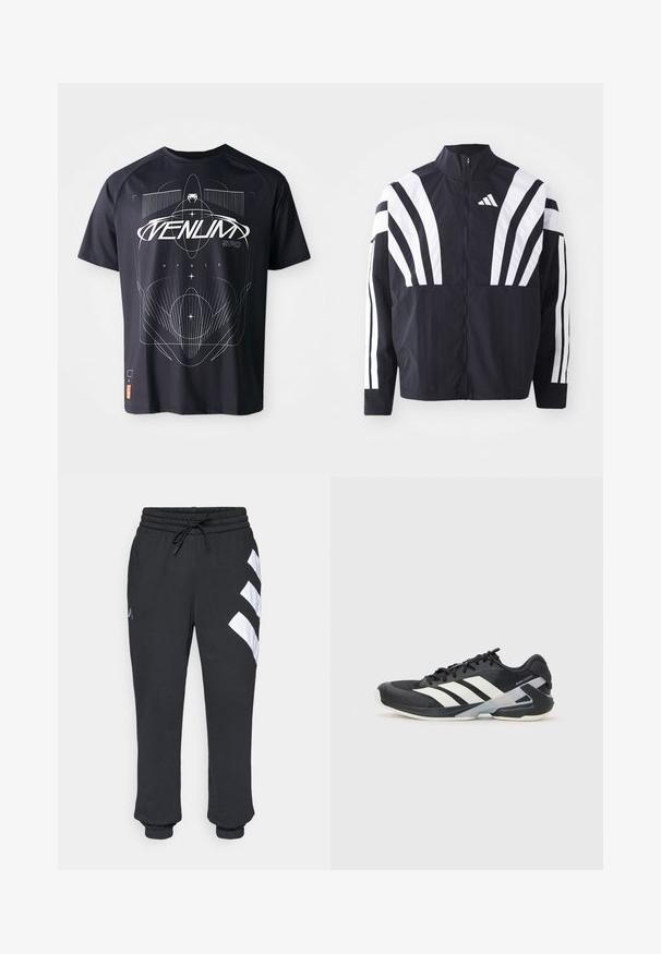 Black jacket featuring a high collar, full zip, and bold white diagonal stripes on sleeves. Made from lightweight fabric with a smooth texture.; Black short-sleeve T-shirt featuring geometric white graphic design, including lines and text, with a tag at the bottom left side.; Black sweatpants with an elastic waistband, drawstring, and white diagonal stripes on the left leg, cuffed at the ankles.; Black athletic shoe with white stripes, mesh upper, rounded toe, and cushioned sole. Features a textured heel and secure lacing system.