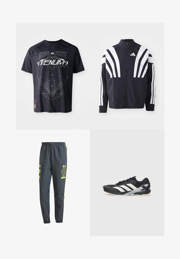 Fekete dzseki magas gallérral, teljes cipzárral és merész, fehér, átlós csíkokkal az ujjakon. Könnyű anyagból készült, sima tapintással.; Fekete, rövid ujjú póló geometriai fehér grafikával, beleértve vonalakat és szöveget, bal alsó sarokban címkével.; Sötétszürke sportnadrág, könnyű anyagból készült. Neon sárga logóval és díszítésekkel. Rugalmas derékpánt és szűkített lábformája van.; Fekete sportcipő fehér csíkokkal, hálós felsőrész, kerek orr és párnázott talp. Texturált sarokkal és biztonságos fűzőrendszerrel rendelkezik.