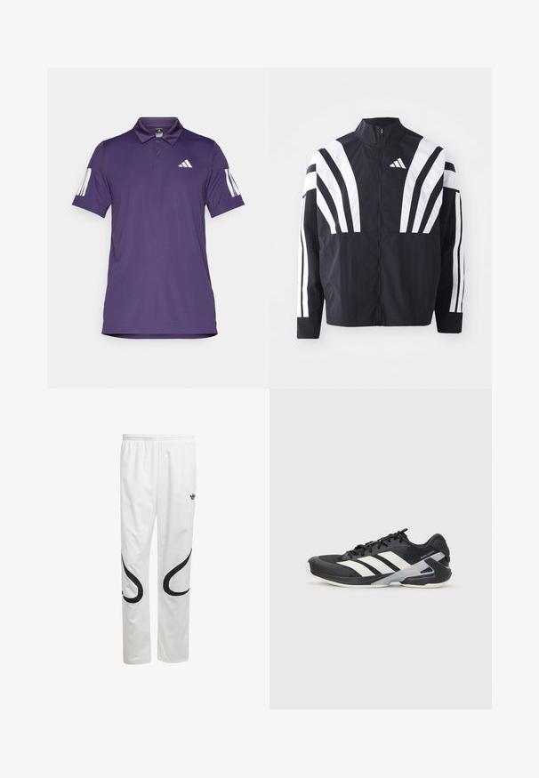 Mustrün mustaga, kõrge krae, täispikk tõmblukk ja julged valged diagonaalsed triibud varrukatel. Valmistatud kergest kangast, millel on sile tekstuur.; Lilla polo särk, millel on sile kangas, kolme nupuga krae, valge Adidas logo rinnal ja kolm vertikaalset triipu varrukatel.; Valged sportpüksid sileda pinnaga, mustade kaarjate kujunditega külgedel ja must logoga vöökoha lähedal.; Mustad sportlik jalanõud mustade värvidega, valgete triipudega, võrgusilma pealmine osa, ümar varvas ja pehme tallaga. Omab tekstureeritud kontsa ja kindlat paeltesüsteemi.