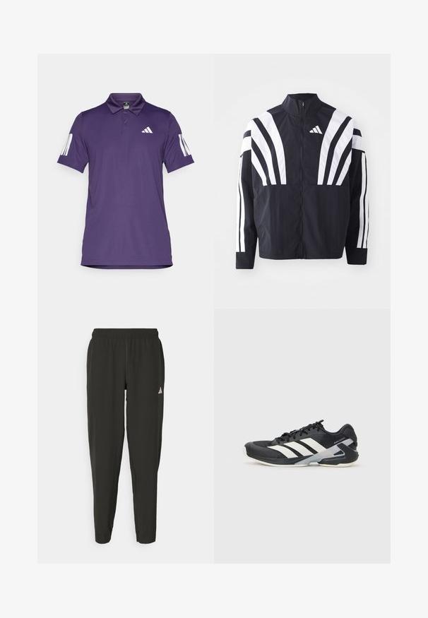 Schwarze Jacke mit hohem Kragen, durchgehendem Reißverschluss und kräftigen weißen diagonalen Streifen an den Ärmeln. Aus leichtem Stoff mit glatter Textur gefertigt.; Lila Poloshirt aus glattem Material, mit Kragen und drei Knöpfen, weißem Adidas-Logo auf der Brust und drei vertikalen Streifen an den Ärmeln.; Schwarze Sporthosen mit elastischem Bund, slim fit und weißem Logo auf dem linken Bein. Glattes, leichtes Material.; Schwarzer Sportschuh mit weißen Streifen, Obermaterial aus Mesh, runde Zehenform und gepolstertem Sohlenteil. Verfügt über eine strukturierte Ferse und ein sicheres Schnürsystem.