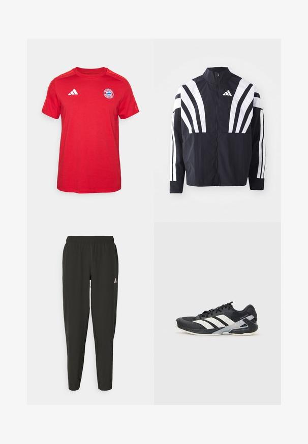 Fekete dzseki magas gallérral, teljes cipzárral és merész, fehér, átlós csíkokkal az ujjakon. Könnyű anyagból készült, sima tapintással.; Piros pamut póló rövid ujjakkal, kerek nyakkal, fehér adidas logóval és a FC Bayern München címerével a mellkasán.; Fekete sportnadrág rugalmas derékrésszel, vékony szabással és fehér logóval a bal lábszáron. Sima, könnyű anyag.; Fekete sportcipő fehér csíkokkal, hálós felsőrész, kerek orr és párnázott talp. Texturált sarokkal és biztonságos fűzőrendszerrel rendelkezik.