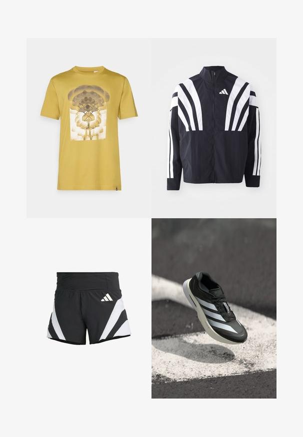 Mustrün mustaga, kõrge krae, täispikk tõmblukk ja julged valged diagonaalsed triibud varrukatel. Valmistatud kergest kangast, millel on sile tekstuur.; Kollane puuvillane T-särk, millel on keskel graafiline disain ümmarguste kujude ja halli ja valge lillemustriga. Lühikesed varrukad, ringkaelus.; adidas Performance ADIZERO A M - Spordišortsid - black; Must mustad jalanijook, millel on kolm valget triipu, tekstuuriga ülemine osa, elegantne disain ja kumer tall, asetatud valgele joonele asfaltpinnal.