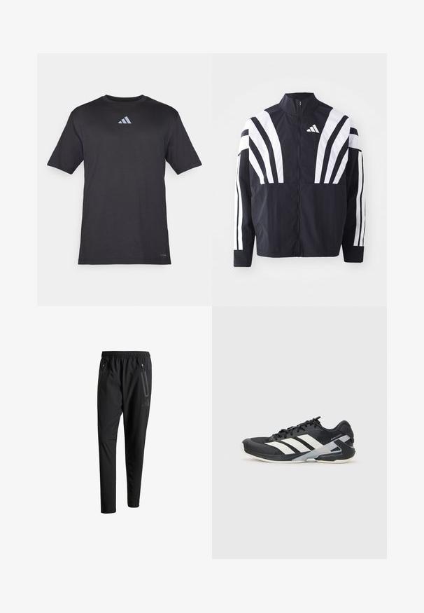 Czarna kurtka z wysokim kołnierzem, pełnym zamkiem błyskawicznym oraz wyrazistymi białymi ukośnymi paskami na rękawach. Wykonana z lekkiej tkaniny o gładkiej fakturze.; Czarny, krótki rękaw, sportowy T-shirt wykonany z lekkiego materiału, z subtelnym, odblaskowym logo Adidas na piersi.; Czarne spodnie sportowe z elastycznym paskiem w talii, dwiema zasuwanymi kieszeniami bocznymi, zwężanymi nogawkami i subtelnym logo na biodrze.; Czarne buty sportowe z białymi paskami, siateczkowa cholewka, zaokrąglony czubek i amortyzowana podeszwa. Posiadają teksturowany obcas i pewny system sznurowania.