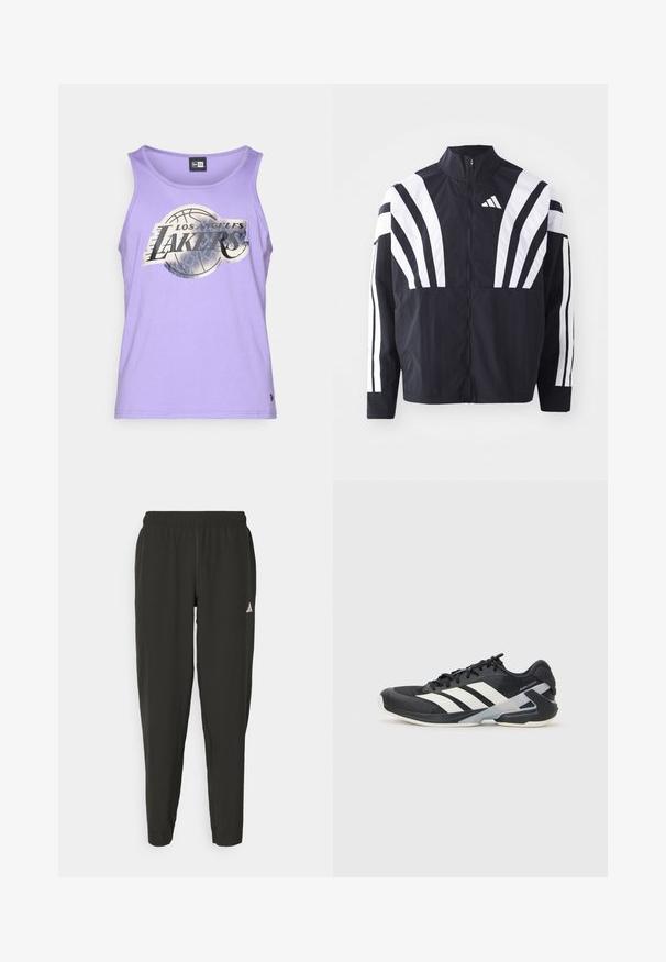 Fekete dzseki magas gallérral, teljes cipzárral és merész, fehér, átlós csíkokkal az ujjakon. Könnyű anyagból készült, sima tapintással.; Lila ujjatlan trikó, puha anyagból készült, amelyen egy ezüst Los Angeles Lakers logó és kosárlabda grafika található az elején.; Fekete sportnadrág rugalmas derékrésszel, vékony szabással és fehér logóval a bal lábszáron. Sima, könnyű anyag.; Fekete sportcipő fehér csíkokkal, hálós felsőrész, kerek orr és párnázott talp. Texturált sarokkal és biztonságos fűzőrendszerrel rendelkezik.