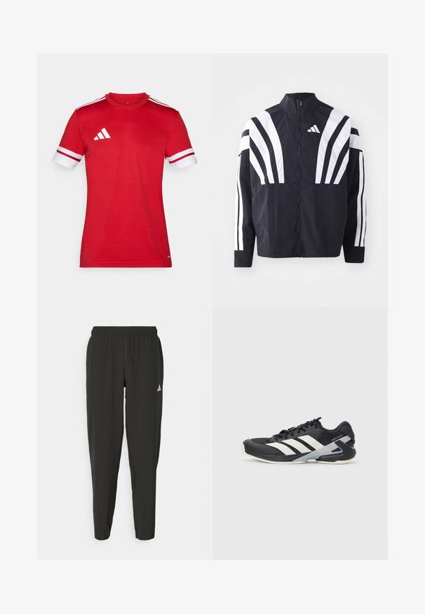 Čierna bunda s vysokým golierom, plným zipsom a výraznými bielymi diagonálnymi pruhmi na rukávoch. Vyrobená z ľahkého materiálu s hladkou textúrou.; Červené športové tričko s krátkymi rukávmi. Biele akcenty na rukávoch a tri biele pruhy na pleciach. Vyrobené z hladkého, ľahkého materiálu.; Čierne športové nohavice s elastickým pásom, úzkeho strihu a bielym logom na ľavej nohe. Hladká, ľahká tkanina.; Čierna športová obuv s bielymi pruhmi, sieťovinový zvršok, zaoblená špička a polstrovaná podrážka. Obsahuje štruktúrovaný opätok a bezpečný systém šnurovania.