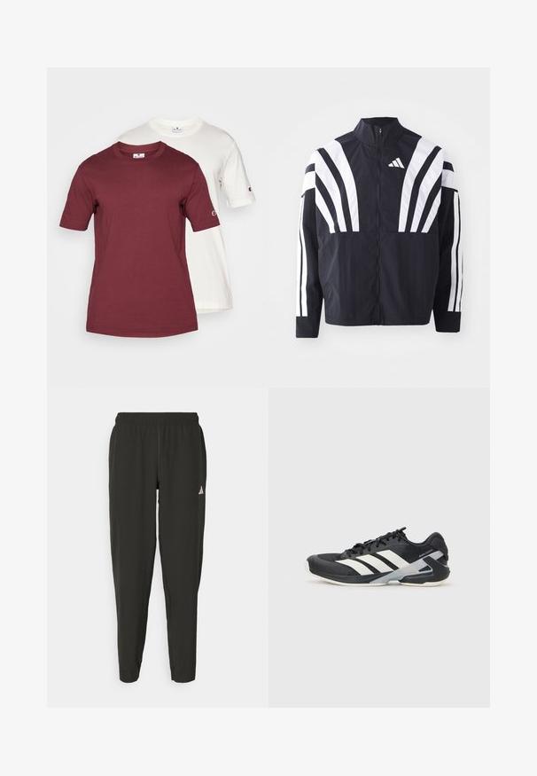 Mustrün mustaga, kõrge krae, täispikk tõmblukk ja julged valged diagonaalsed triibud varrukatel. Valmistatud kergest kangast, millel on sile tekstuur.; Kaks lühikeste varrukatega T-särki, kuhjatud; üks marooni ja teine valge. Mõlemad on valmistatud puuvillast, ümmarguse kaeluse ja logo käisel.; Mustavad spordipüksid elastse vöökoha, kitsas lõige ja valge logo vasakul jalal. Sile, kerge kangas.; Mustad sportlik jalanõud mustade värvidega, valgete triipudega, võrgusilma pealmine osa, ümar varvas ja pehme tallaga. Omab tekstureeritud kontsa ja kindlat paeltesüsteemi.