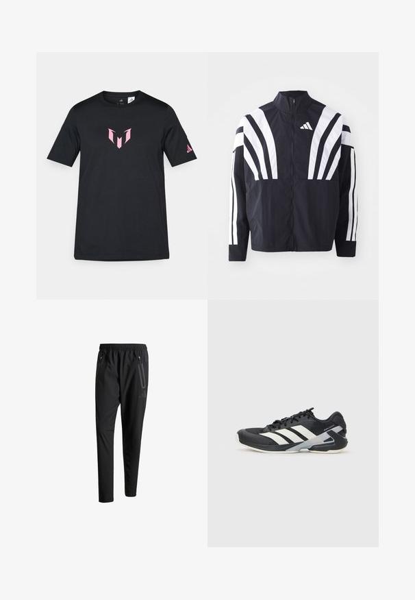 Casaco preto com colarinho alto, fecho completo e listras diagonais brancas em bold nas mangas. Feito de um tecido leve com uma textura suave.; T-shirt preta de mangas curtas feita de algodão, com um logótipo geométrico rosa no peito e um logótipo da Adidas na manga.; Calças de treino pretas com uma cintura elástica, dois bolsos laterais com fecho, pernas ajustadas e um discreto detalhe de logotipo no quadril.; Sapata atlética preta com riscas brancas, parte superior em malha, biqueira arredondada e sola acolchoada. Apresenta um calcanhar texturizado e um sistema de atacadores seguro.