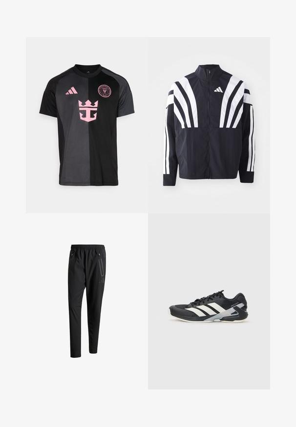 Veste noire avec un col montant, fermeture éclair sur toute la longueur et de larges rayures blanches diagonales sur les manches. Fabriquée en tissu léger avec une texture lisse.; Maillot de sport noir et gris à manches courtes, avec des détails de logo rose et un col rond. Présente un design de couronne sur le devant.; Pantalons de sport noirs avec une taille élastique, deux poches latérales zippées, des jambes fuselées et un détail de logo subtil sur la hanche.; Chaussure de sport noire avec des rayures blanches, tige en mesh, bout arrondi et semelle rembourrée. Comprend un talon texturé et un système de laçage sécurisé.