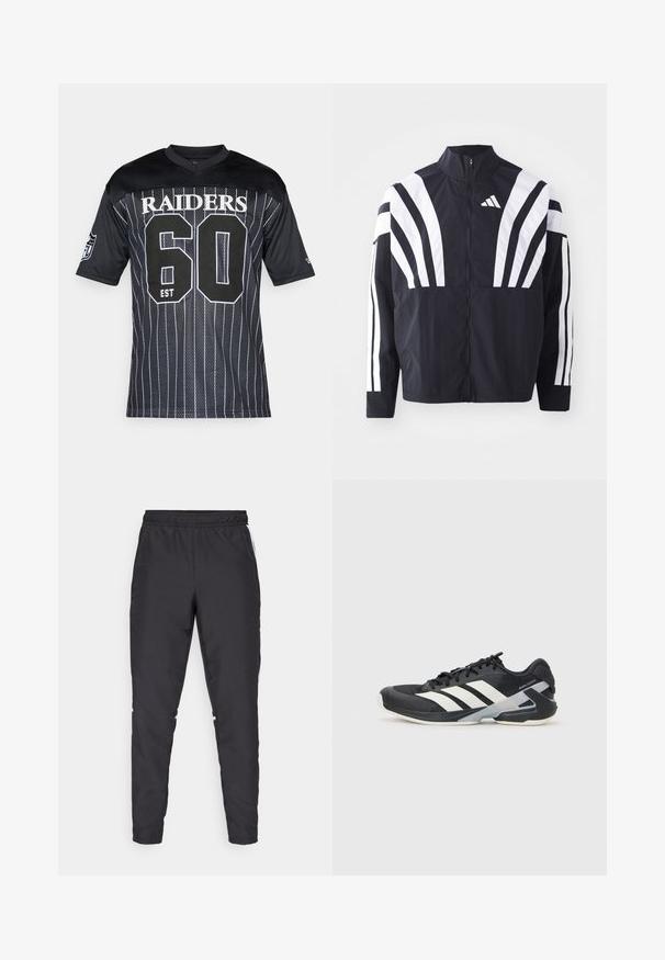 Svart jakke med høy krage, hel glidelås og markante hvite skråstriper på ermene. Laget av lett stoff med en glatt tekstur.; Svart fotballtrøye med stripet design, med "RAIDERS" og nummer "60" tydelig vist i hvitt, kort ermer, og V-hals.; Svarte treningsbukser med elastisk midje, avsmalnende ben og hvite sideakenter. Laget av syntetisk materiale med en glatt tekstur.; Svart treningssko med hvite striper, mesh-overdel, avrundet tå og polstret såle. Har en teksturert hæl og et sikkert snøresystem.