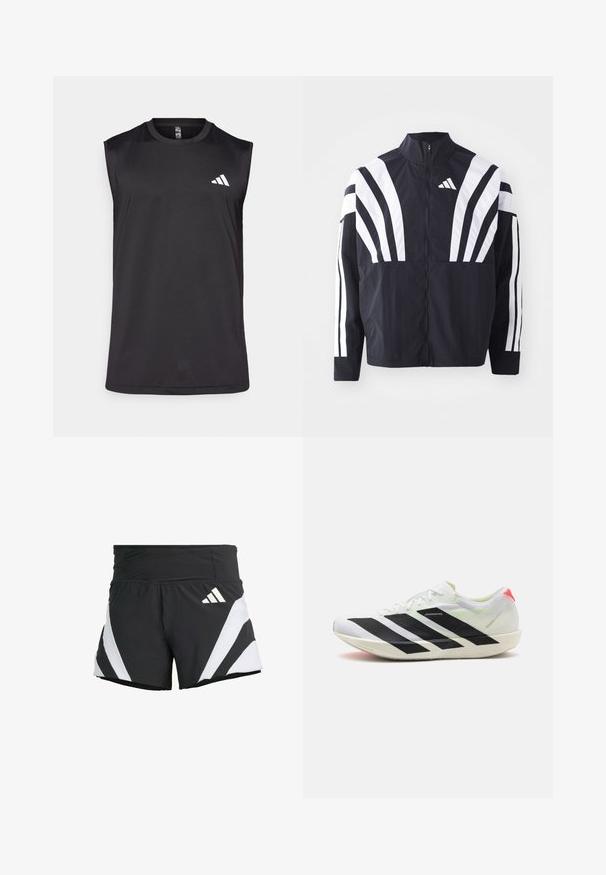 Mustat takki, jossa on korkea kaulus, täysivetoketju ja erittäin näkyvät valkoiset vinoraidat hihoissa. Valmistettu keveästä kankaasta, jolla on sileä rakenne.; Mustat ilman hihoja urheilu toppi, joka on valmistettu hengittävästä kankaasta. Siinä on pyöreä kaula-aukko ja valkoinen logo vasemmassa yläkulmassa.; adidas Performance ADIZERO A M - Urheilushortsit - black; Valkoinen urheilukenkä, jossa on mustat vinoviivat, kevyestä verkkomateriaalista valmistettu, vihreät yksityiskohdat ja punainen kantapää; siinä on sulavalinjainen, pitkänomainen muotoilu.