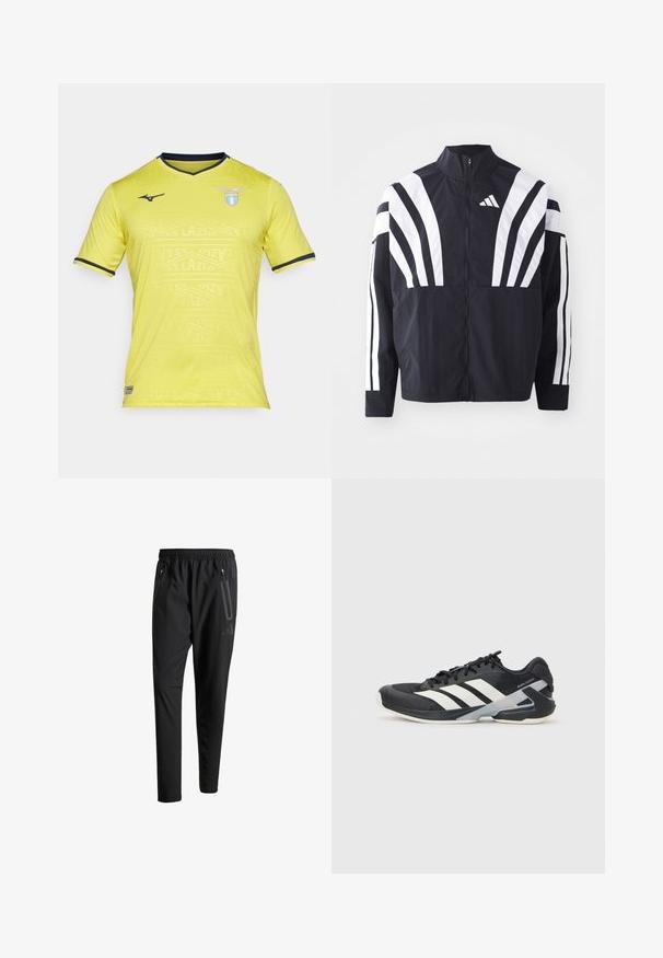 Mustat takki, jossa on korkea kaulus, täysivetoketju ja erittäin näkyvät valkoiset vinoraidat hihoissa. Valmistettu keveästä kankaasta, jolla on sileä rakenne.; Keltainen lyhythihainen jalkapallopaita V-kaula-aukolla, jossa on hienovarainen kuosi ja tummansiniset korostukset. SS Lazio -logo vasemmassa rinnassa.; Mustat urheiluhousut, joissa on joustava vyötärö, kaksi vetoketjullista sivutaskua, kapenevat lahkeet ja hillitty logokuvaus lonkalla.; Mustat urheilukengät valkoisilla raidoilla, verkkomateriaalia ylhäällä, pyöristetty kärki ja pehmustettu pohja. Varustettu teksturoidulla kantapäällä ja turvallisella nauhoitusjärjestelmällä.