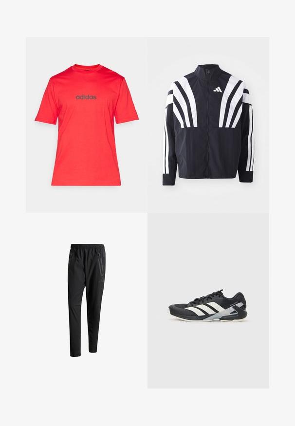 Melna jakas ar augstu apkakli, pilnu rāvējslēdzēju un drosmīgām baltām diagonālām svītrām uz piedurknēm. Izgatavota no viegla auduma ar gludu tekstūru.; Sarkans kokvilnas T-krekls ar īsām piedurknēm un apaļu izgriezumu, ar tumši pelēku "adidas" logotipu izdrukātu uz krūtīm.; Melni sporta bikses ar elastīgu vidukli, divām kabatām ar rāvējslēdzējiem sānos, sašaurinātām kājām un diskrētu logo detaļu uz gurniem.; Melnas sporta kurpes ar baltām svītrām, acs augšdaļa, noapaļots pirksts un mīksts zole. Iespējams ar teksturētu papēdi un drošu šņoru sistēmu.
