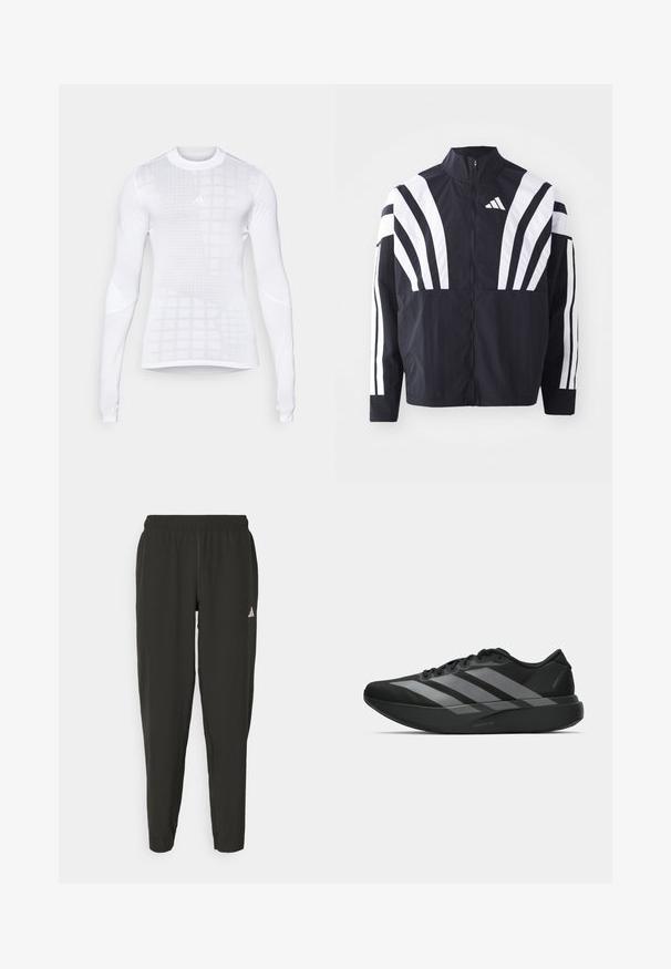 Chaqueta negra con cuello alto, cremallera completa y llamativas franjas diagonales blancas en las mangas. Fabricada en tejido ligero con una textura suave.; Camisa deportiva de manga larga en blanco, con un patrón de cuadrícula y acentos texturizados. Fabricada en un tejido suave y elástico con un diseño ajustado.; Pantalones deportivos negros con cinturilla elástica, ajuste Slim y logo blanco en la pierna izquierda. Tejido suave y ligero.; Zapatillas deportivas negras con un diseño ligero, que presentan tres franjas grises prominentes, una textura suave y una suela contorneada.