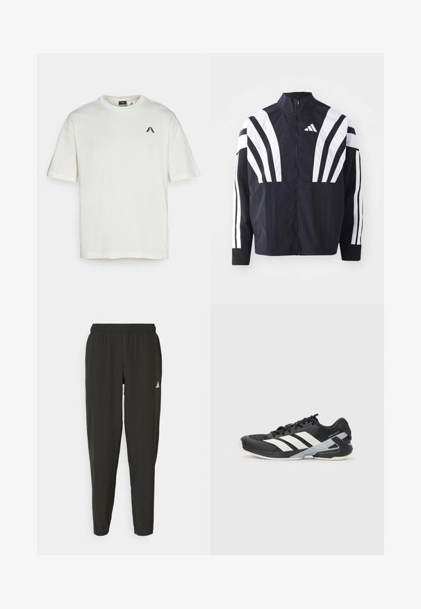 Veste noire avec un col montant, fermeture éclair sur toute la longueur et de larges rayures blanches diagonales sur les manches. Fabriquée en tissu léger avec une texture lisse.; adidas Performance ANTHONY ADWARDS ANTED TEE - T-shirt de sport - cloud white; Pantalons de sport noirs avec une taille élastique, coupe slim et logo blanc sur la jambe gauche. Tissu lisse et léger.; Chaussure de sport noire avec des rayures blanches, tige en mesh, bout arrondi et semelle rembourrée. Comprend un talon texturé et un système de laçage sécurisé.