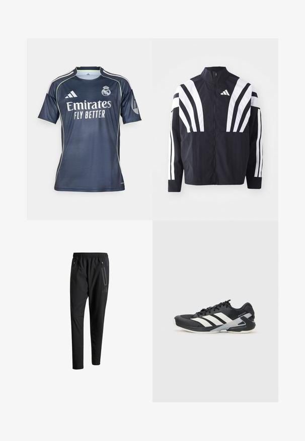 Černá bunda s vysokým límcem, plným zipem a výraznými bílými šikmými pruhy na rukávech. Vyrobena z lehké látky s hladkou texturou.; Námořnicky modrý fotbalový dres vyrobený z hladké tkaniny má světle zelené akcenty, krátké rukávy a výrazně zobrazené logo "Emirates FLY BETTER".; Černé sportovní kalhoty s elastickým pasem, dvěma zipovými bočními kapsami, zúženými nohavicemi a decentním logem na boku.; Černá sportovní obuv s bílými pruhy, síťovaným svrškem, zaoblenou špičkou a polstrovanou podrážkou. Obsahuje texturovanou patu a bezpečný systém šněrování.