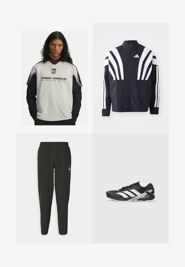 Juodas švarkas su aukštu kaklu, pilnu užtrauktuku ir ryškiomis baltomis įstrižomis juostelėmis ant rankovių. Pagamintas iš lengvos medžiagos su lygiu paviršiumi.; Šviesiai pilkas ir juodas džemperis su raudonais akcentais, logotipu ant krūtinės ir trumpomis rankovėmis, turintis sportišką dizainą. Lygus paviršius.; Juodos sportinės kelnės su elastingu liemeniu, siauro kirpimo, baltu logotipu kairėje kojoje. Lygus, lengvas audinys.; Juoda sportinė avalynė su baltais dryžiais, tinklinis viršus, apvalus pirštas ir paminkštinta padais. Yra tekstūruota kulno dalis ir saugi raištelių sistema.