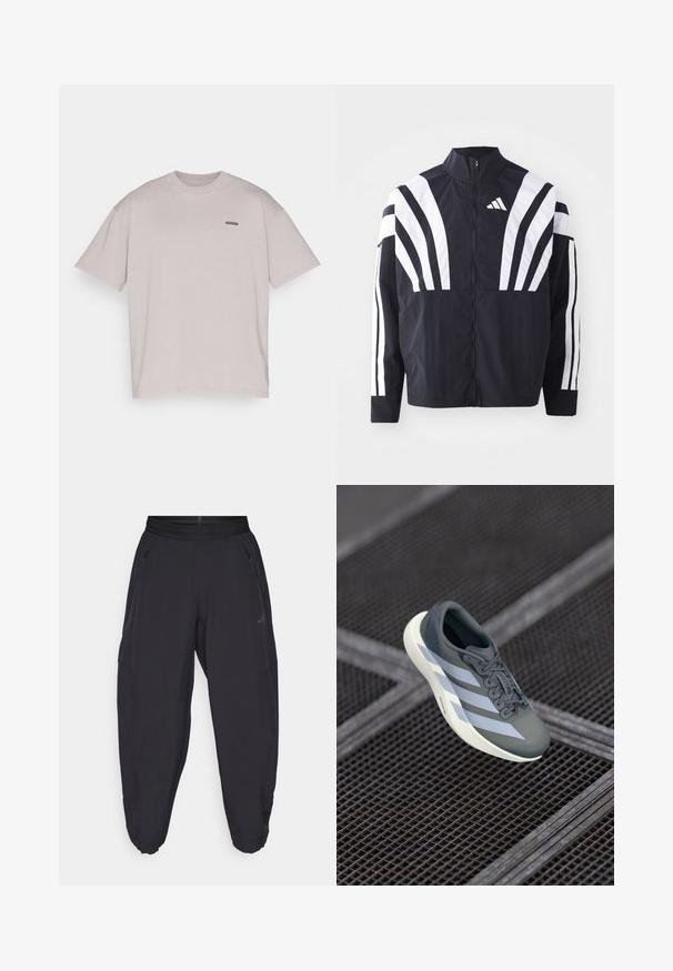 Casaco preto com colarinho alto, fecho completo e listras diagonais brancas em bold nas mangas. Feito de um tecido leve com uma textura suave.; Under Armour LOGO WASH - T-shirt básica - tetra gray/white; Calças de desporto pretas com cintura elástica, bolsos laterais com fecho, pernas ajustadas e um logótipo discreto na coxa direita.; Shoe desportivo em cinza e branco, feito de material sintético, com um design aerodinâmico, acabamento texturizado e um sistema de atacadores proeminente.
