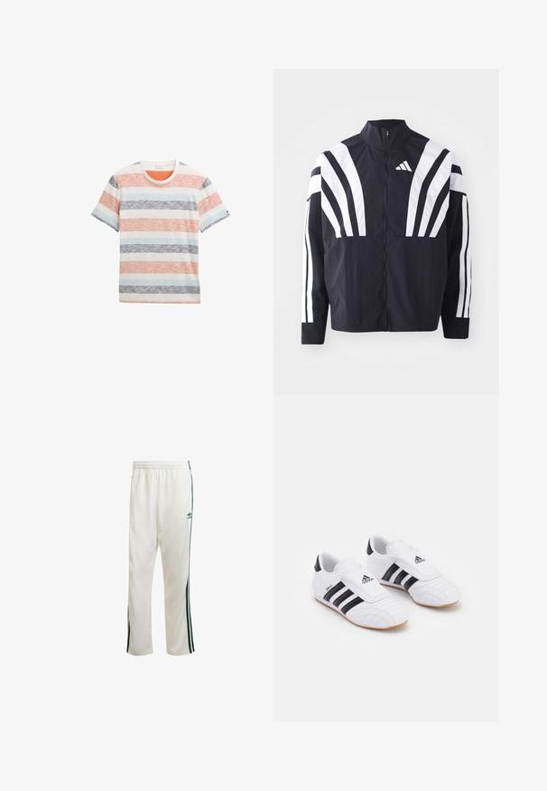 Czarna kurtka z wysokim kołnierzem, pełnym zamkiem błyskawicznym oraz wyrazistymi białymi ukośnymi paskami na rękawach. Wykonana z lekkiej tkaniny o gładkiej fakturze.; Koszulka w paski z bawełny, z szerokimi poziomymi paskami w kolorach pomarańczowym, niebieskim, szarym i białym, z okrągłym dekoltem i krótkimi rękawami.; Białe spodnie sportowe z zielonymi paskami po bokach, elastycznym paskiem w talii i logo na górnej lewej stronie. Wykonane z lekkiego materiału.; Białe buty sportowe z czarnymi paskami, charakteryzujące się zamszowym wyglądem, zaokrąglonym noskiem i rzepem. Gumowa podeszwa zapewniająca przyczepność.