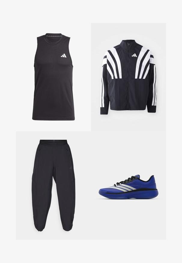 Črna jakna z visokim ovratnikom, popolnim zadrgo in boldnimi belimi diagonalnimi črtami na rokavih. Narejena iz lahkega materiala z gladko teksturo.; Črn brezrokavnik za šport, izdelan iz gladkega materiala, z okrogloovratnikom in belim logotipom na levem prsnem predelu.; Črne atletske hlače z elastiko v pasu, z žepi na zadrgo, ozkimi nogavicami in diskretnim logotipom na desnem stegnu.; adidas Performance ADIZERO SELECT 3.0 - Košarkarski copati - lucid blue/core black/metallic