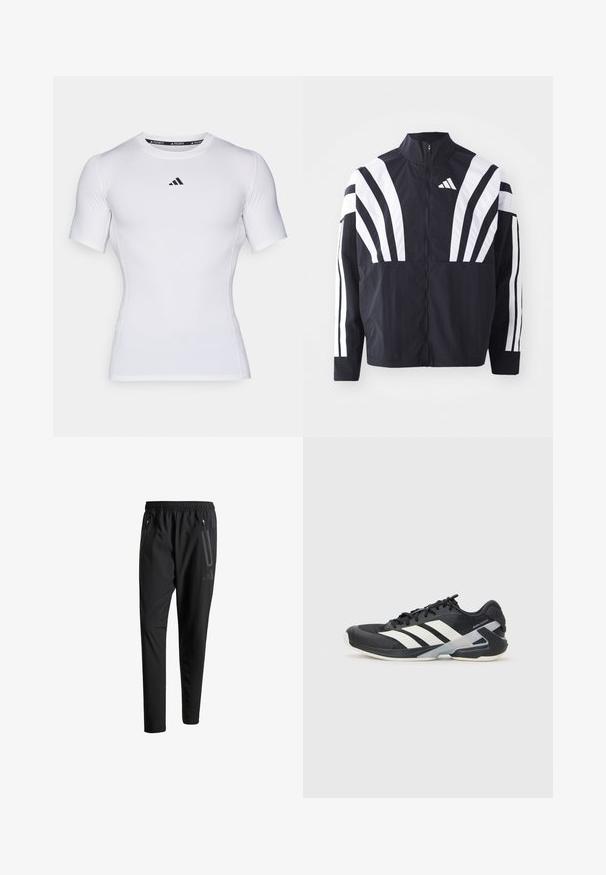 Svart jakke med høy krage, hel glidelås og markante hvite skråstriper på ermene. Laget av lett stoff med en glatt tekstur.; Hvit kortermet skjorte laget av teknisk stoff, med rund hals og en svart logo på brystet. Glatt tekstur og tettsittende design.; Svarte treningsbukser med elastisk liv, to glidelåslommer på sidene, avsmalnende ben og en subtil logo detalj ved hoften.; Svart treningssko med hvite striper, mesh-overdel, avrundet tå og polstret såle. Har en teksturert hæl og et sikkert snøresystem.