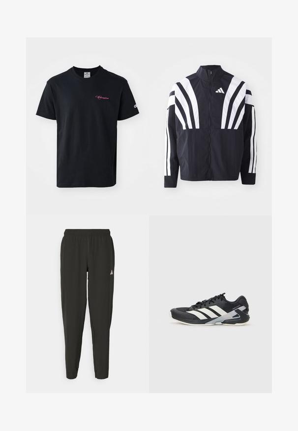 Zwarte jasje met een hoge kraag, volledige rits en gedurfde witte diagonale strepen op de mouwen. Gemaakt van lichtgewicht stof met een gladde textuur.; Zwarte katoenen t-shirt met korte mouwen, een ronde halslijn en een roze "Champion" logo geborduurd op de borst en mouw.; Zwarte sportbroek met een elastische tailleband, slim fit en een wit logo op het linkerbeen. Soepele, lichte stof.; Zwarte sportschoen met witte strepen, bovenwerk van mesh, ronde neus en geveerde zool. Heeft een getextureerde hak en een veilig vetersysteem.