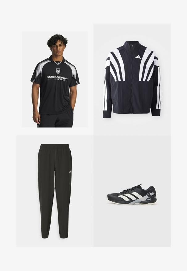 Černá bunda s vysokým límcem, plným zipem a výraznými bílými šikmými pruhy na rukávech. Vyrobena z lehké látky s hladkou texturou.; Černé sportovní polo tričko s krátkým rukávem, bílými akcenty a vyšitým logem. Vyrobeno z prodyšného materiálu, ideální pro aktivní nošení.; Černé sportovní kalhoty s elastickým pasem, úzkým střihem a bílým logem na levé noze. Hladká, lehká tkanina.; Černá sportovní obuv s bílými pruhy, síťovaným svrškem, zaoblenou špičkou a polstrovanou podrážkou. Obsahuje texturovanou patu a bezpečný systém šněrování.