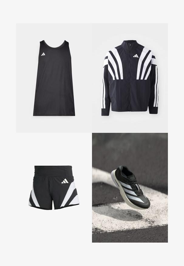 Mustrün mustaga, kõrge krae, täispikk tõmblukk ja julged valged diagonaalsed triibud varrukatel. Valmistatud kergest kangast, millel on sile tekstuur.; Mustmust käteta sportlik T-särk, mis on valmistatud kerge kangast. Omab ümmargust kaelust ja vasakus rinnas on valge Adidas'i logo.; adidas Performance ADIZERO A M - Spordišortsid - black; Must mustad jalanijook, millel on kolm valget triipu, tekstuuriga ülemine osa, elegantne disain ja kumer tall, asetatud valgele joonele asfaltpinnal.