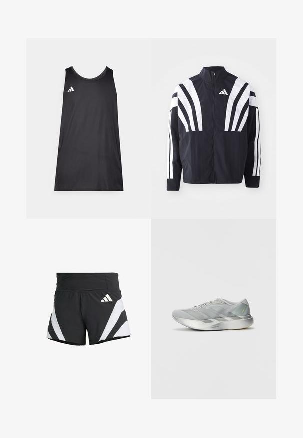 Crna jakna s visokim ovratnikom, punim patentnim zatvaračem i hrabrim bijelim dijagonalnim prugama na rukavima. Izrađena je od lagane tkanine s glatkom teksturom.; Crna bezrukavna atletska majica napravljena od laganog materijala. Ima okrugli izrez i bijelu Adidas oznaku na lijevoj strani grudi.; adidas Performance ADIZERO A M - Sportske kratke hlače - black; Lagano sivo atletsko obuće s elegantnim dizajnom, koja ima teksturirani gornji dio, tri dijagonalne pruge i reflektirajući srebrni đon.