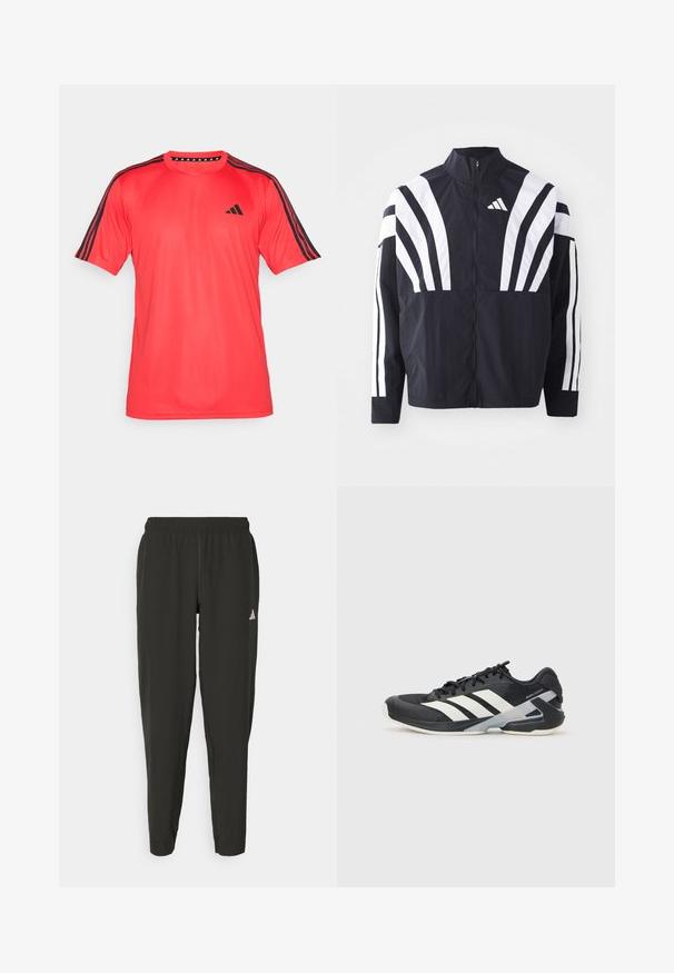 Svart jakke med høy krage, hel glidelås og markante hvite skråstriper på ermene. Laget av lett stoff med en glatt tekstur.; adidas Performance TRAIN ESSENTIALS BASE 3-STRIPES - T-skjorte til trening - pure ruby/black; Svarte treningbukser med elastisk midje, slim fit, og hvit logo på venstre bein. Glatt, lett stoff.; Svart treningssko med hvite striper, mesh-overdel, avrundet tå og polstret såle. Har en teksturert hæl og et sikkert snøresystem.