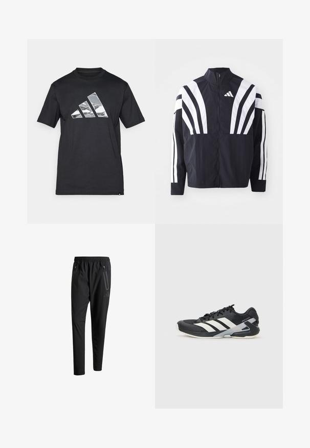 Casaco preto com colarinho alto, fecho completo e listras diagonais brancas em bold nas mangas. Feito de um tecido leve com uma textura suave.; T-shirt de algodão preta com um grande logotipo da Adidas em listras cinza camuflado na frente. Gola redonda clássica e mangas curtas.; Calças de treino pretas com uma cintura elástica, dois bolsos laterais com fecho, pernas ajustadas e um discreto detalhe de logotipo no quadril.; Sapata atlética preta com riscas brancas, parte superior em malha, biqueira arredondada e sola acolchoada. Apresenta um calcanhar texturizado e um sistema de atacadores seguro.