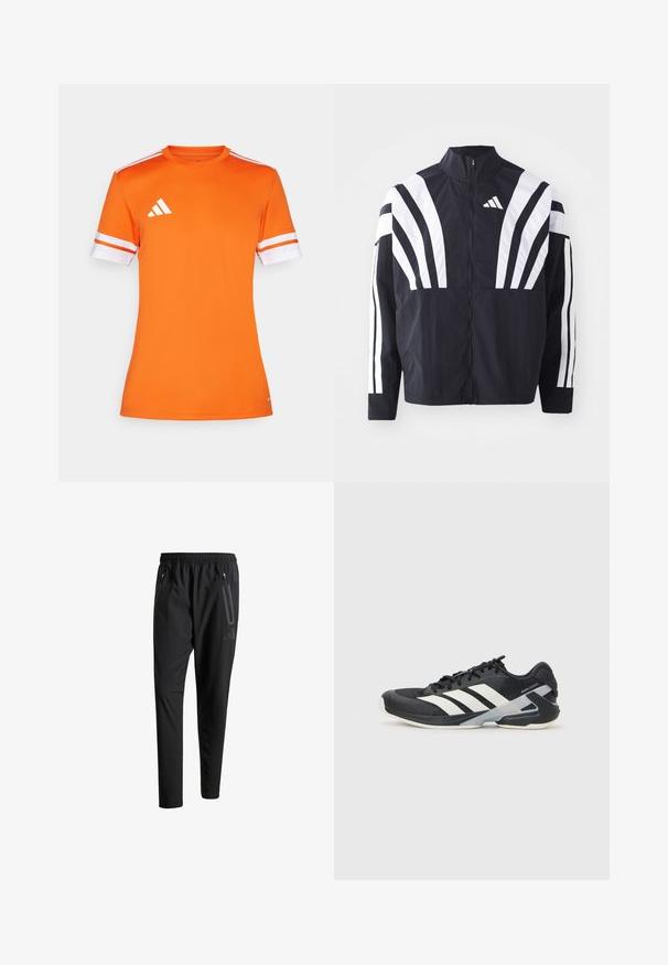 Casaco preto com colarinho alto, fecho completo e listras diagonais brancas em bold nas mangas. Feito de um tecido leve com uma textura suave.; Camisa de desporto laranja com mangas curtas, punhos listados em branco e um logo da Adidas no ombro esquerdo, feita de um material liso e respirável.; Calças de treino pretas com uma cintura elástica, dois bolsos laterais com fecho, pernas ajustadas e um discreto detalhe de logotipo no quadril.; Sapata atlética preta com riscas brancas, parte superior em malha, biqueira arredondada e sola acolchoada. Apresenta um calcanhar texturizado e um sistema de atacadores seguro.