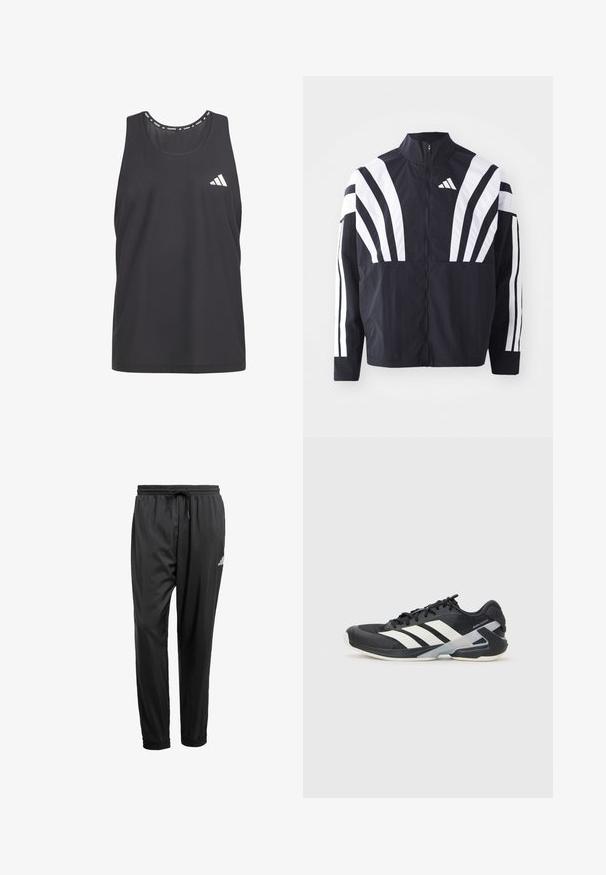 Black jacket featuring a high collar, full zip, and bold white diagonal stripes on sleeves. Made from lightweight fabric with a smooth texture.; Black athletic tank top featuring breathable mesh material, rounded neck, and white Adidas logo on the left chest.; Black athletic pants with elastic waistband, drawstring, cuffed ankles, and a small white logo on the right thigh.; Black athletic shoe with white stripes, mesh upper, rounded toe, and cushioned sole. Features a textured heel and secure lacing system.