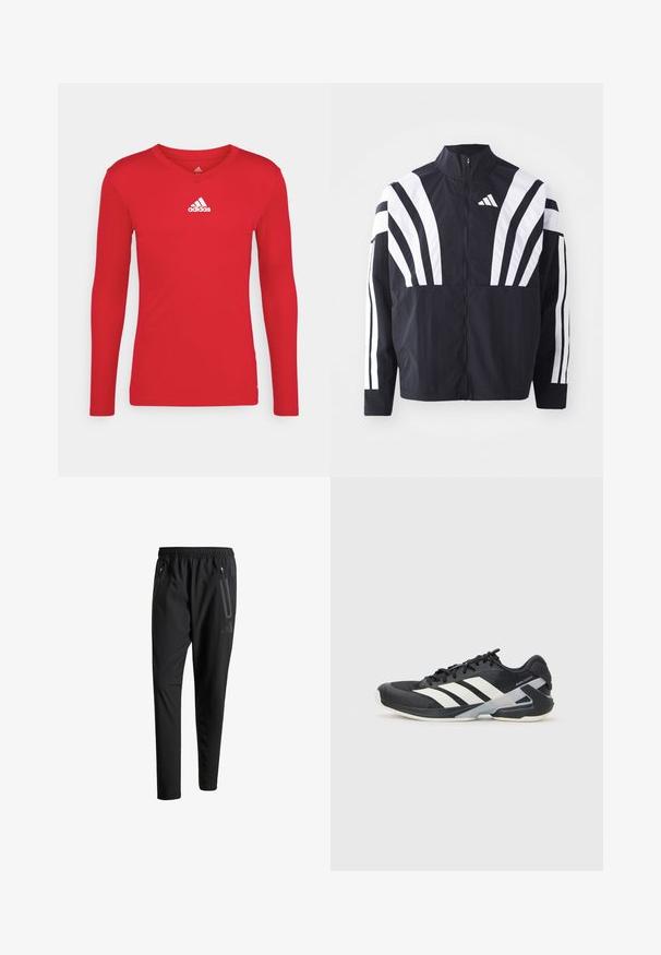 Svart jakke med høy krage, hel glidelås og markante hvite skråstriper på ermene. Laget av lett stoff med en glatt tekstur.; Rød langermet sportslige skjorte laget av glatt, elastisk stoff. Har V-hals og hvit Adidas-logo på brystet.; Svarte treningsbukser med elastisk liv, to glidelåslommer på sidene, avsmalnende ben og en subtil logo detalj ved hoften.; Svart treningssko med hvite striper, mesh-overdel, avrundet tå og polstret såle. Har en teksturert hæl og et sikkert snøresystem.