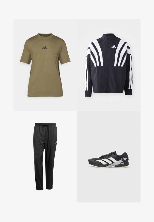 Juodas švarkas su aukštu kaklu, pilnu užtrauktuku ir ryškiomis baltomis įstrižomis juostelėmis ant rankovių. Pagamintas iš lengvos medžiagos su lygiu paviršiumi.; Alyvuogių žalios spalvos trumpomis rankovėmis marškinėliai, pagaminti iš minkštos medžiagos, su juodu Adidas logotipu ant krūtinės ir juodais akcentais šonose.; Juodos sportinės kelnės su elastine juosta, su raišteliu, užrišamais kulkšniais ir maža balta emblemute dešinėje šlaunyje.; Juoda sportinė avalynė su baltais dryžiais, tinklinis viršus, apvalus pirštas ir paminkštinta padais. Yra tekstūruota kulno dalis ir saugi raištelių sistema.