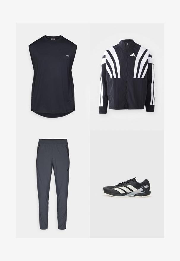 Crna jakna s visokim ovratnikom, punim patentnim zatvaračem i hrabrim bijelim dijagonalnim prugama na rukavima. Izrađena je od lagane tkanine s glatkom teksturom.; Tamno mornarsko plava bezrukava atletska majica napravljena od teksturiranog materijala. Ima zaobljeni rub i mali logo na prednjem lijevom dijelu. Prozračan dizajn.; Sive sportske hlače s elastičnim pojasom, bočnim džepovima sa zatvaračem i logotipom na lijevom bedru. Napravljene od laganog materijala.; Crne atletske cipele s bijelim prugama, mrežasta gornja strana, zaobljeni prst i podstavljeni đon. Imaju teksturiranu petu i siguran sustav vezivanja.