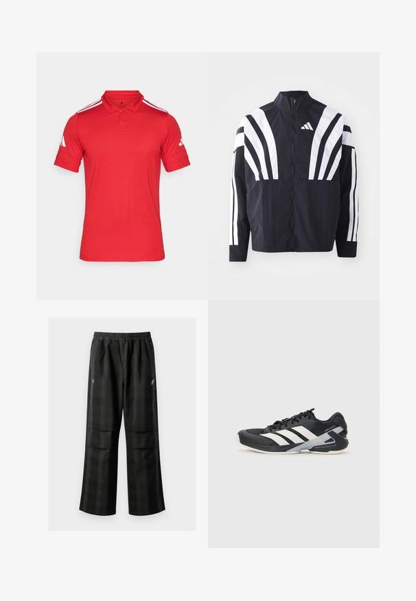 Czarna kurtka z wysokim kołnierzem, pełnym zamkiem błyskawicznym oraz wyrazistymi białymi ukośnymi paskami na rękawach. Wykonana z lekkiej tkaniny o gładkiej fakturze.; Czerwona koszulka polo wykonana z oddychającego materiału, z dwoma guzikami przy kołnierzyku, krótkimi rękawami z białymi paskami oraz detalem logo na rękawie.; Czarne spodnie w kratę z elastycznym pasem, dwoma przednimi kieszeniami i luźnym krojem ze prostymi nogawkami. Wykonane z lekkiego materiału.; Czarne buty sportowe z białymi paskami, siateczkowa cholewka, zaokrąglony czubek i amortyzowana podeszwa. Posiadają teksturowany obcas i pewny system sznurowania.