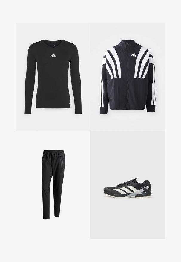 Mustat takki, jossa on korkea kaulus, täysivetoketju ja erittäin näkyvät valkoiset vinoraidat hihoissa. Valmistettu keveästä kankaasta, jolla on sileä rakenne.; Musta pitkähihainen urheilupaita, joka on valmistettu sileästä kankaasta. Paidassa on V-pääntie ja valkoinen adidas-logo rinnassa.; Mustat urheiluhousut, joissa on joustava vyötärö, kaksi vetoketjullista sivutaskua, kapenevat lahkeet ja hillitty logokuvaus lonkalla.; Mustat urheilukengät valkoisilla raidoilla, verkkomateriaalia ylhäällä, pyöristetty kärki ja pehmustettu pohja. Varustettu teksturoidulla kantapäällä ja turvallisella nauhoitusjärjestelmällä.