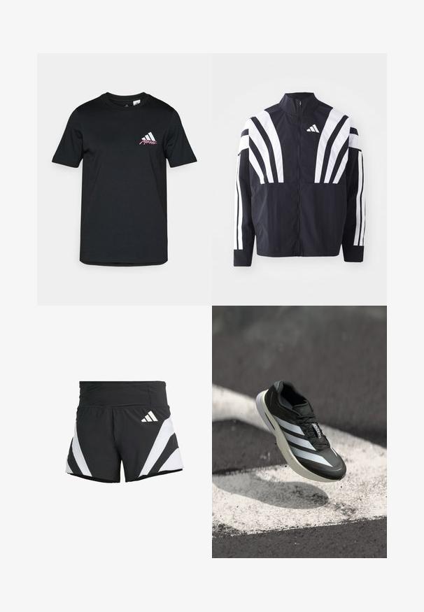 Sort jakke med højt krave, fuld lynlås og iøjnefaldende hvide diagonale striber på ærmerne. Lavet af letvægtsstof med en glat tekstur.; Sort bomulds t-shirt med korte ærmer, prydet med et hvidt adidas-logo og pink tekst på venstre brystområde. Glat tekstur, enkel design.; adidas Performance ADIZERO A M - Korte sportsbukser - black; Sort sportssko med tre hvide striber, tekstureret overdel, slankt design og en buet sål, placeret over en hvid linje på asfalt.