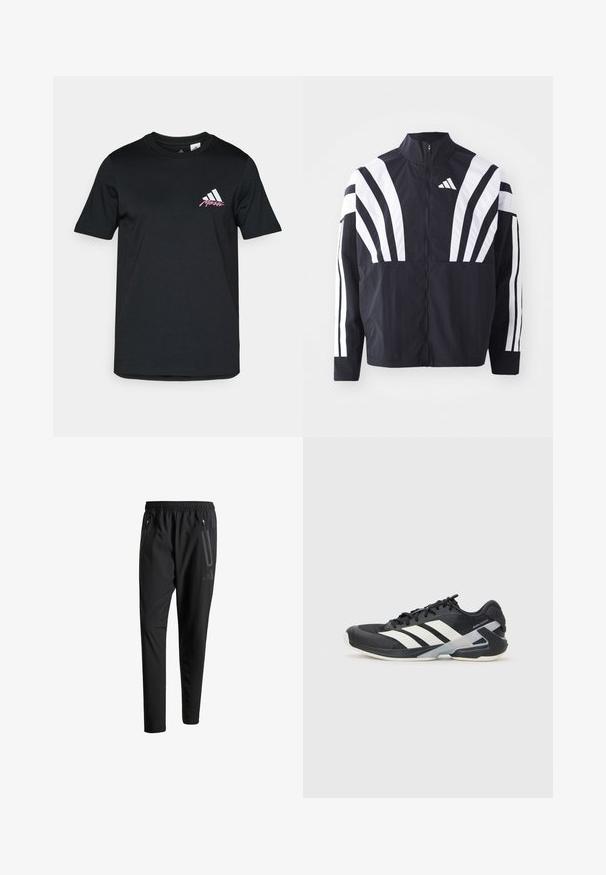 Fekete dzseki magas gallérral, teljes cipzárral és merész, fehér, átlós csíkokkal az ujjakon. Könnyű anyagból készült, sima tapintással.; Fekete pamut póló rövid ujjakkal, fehér adidas logóval és rózsaszín felirattal a bal mellkas területén. Sima tapintású, egyszerű dizájn.; Fekete sportos nadrág elasztikus derékpánttal, két cipzáras oldalt zsebbel, tapered lábakkal és diszkrét logóval a csípőn.; Fekete sportcipő fehér csíkokkal, hálós felsőrész, kerek orr és párnázott talp. Texturált sarokkal és biztonságos fűzőrendszerrel rendelkezik.