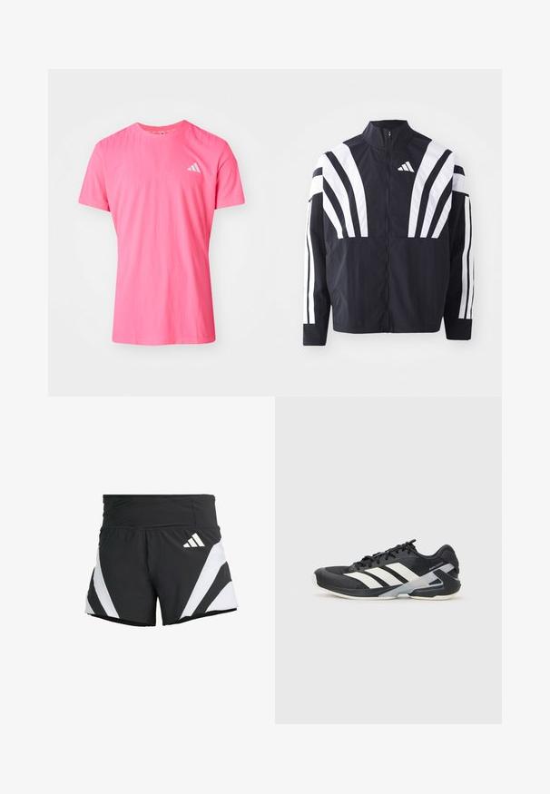 Melna jakas ar augstu apkakli, pilnu rāvējslēdzēju un drosmīgām baltām diagonālām svītrām uz piedurknēm. Izgatavota no viegla auduma ar gludu tekstūru.; Rozā īsām piedurknēm T-krekls ar apaļu kakla izgriezumu, izgatavots no mīksta materiāla, ar smalku tekstūru un mazu baltu Adidas logo uz krūtīm.; adidas Performance ADIZERO A M - Sporta šorti - black; Melnas sporta kurpes ar baltām svītrām, acs augšdaļa, noapaļots pirksts un mīksts zole. Iespējams ar teksturētu papēdi un drošu šņoru sistēmu.