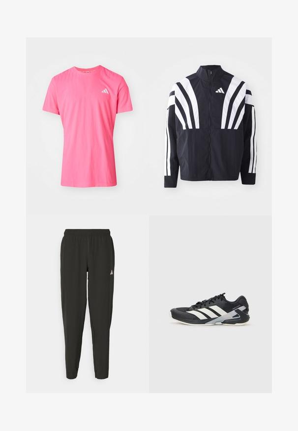 Chaqueta negra con cuello alto, cremallera completa y llamativas franjas diagonales blancas en las mangas. Fabricada en tejido ligero con una textura suave.; Camiseta de manga corta rosa con cuello redondo, hecha de material suave, que presenta una textura sutil y un pequeño logotipo blanco de Adidas en el pecho.; Pantalones deportivos negros con cinturilla elástica, ajuste Slim y logo blanco en la pierna izquierda. Tejido suave y ligero.; Zapatilla deportiva negra con franjas blancas, parte superior de malla, punta redondeada y suela acolchada. Presenta un talón texturizado y un sistema de cordones seguro.
