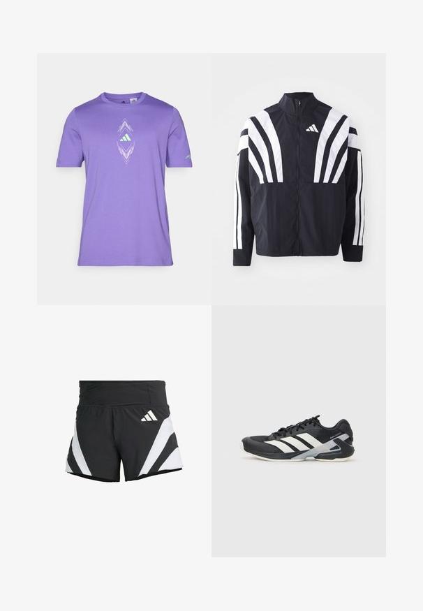 Crna jakna s visokim ovratnikom, punim patentnim zatvaračem i hrabrim bijelim dijagonalnim prugama na rukavima. Izrađena je od lagane tkanine s glatkom teksturom.; Ljubičasta pamučna majica kratkih rukava s okruglim izrezom. Ima bijeli i zeleni geometrijski uzorak s Adidas logotipom sprijeda.; adidas Performance ADIZERO A M - Sportske kratke hlače - black; Crne atletske cipele s bijelim prugama, mrežasta gornja strana, zaobljeni prst i podstavljeni đon. Imaju teksturiranu petu i siguran sustav vezivanja.