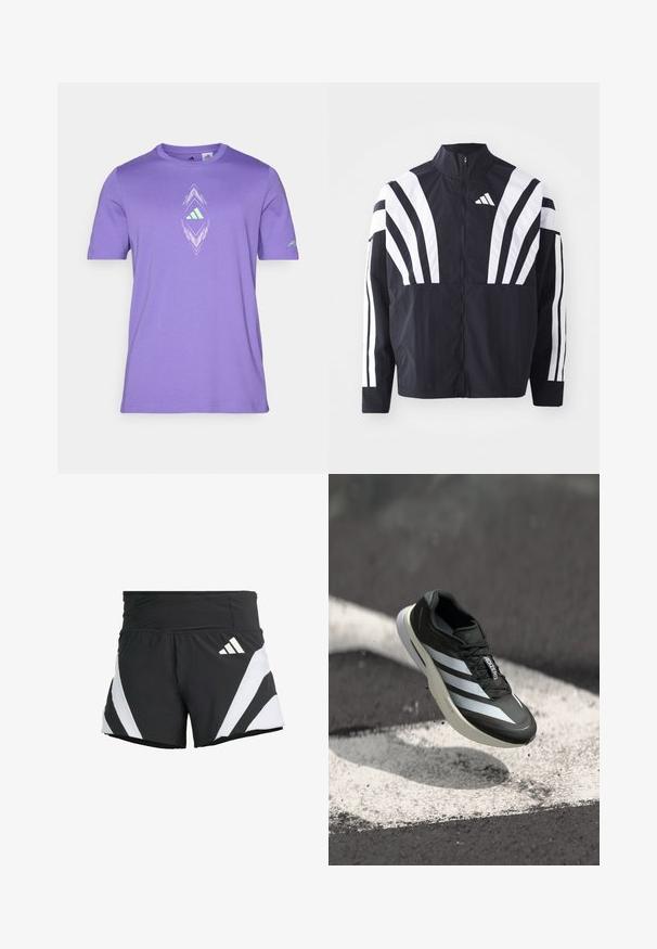 Czarna kurtka z wysokim kołnierzem, pełnym zamkiem błyskawicznym oraz wyrazistymi białymi ukośnymi paskami na rękawach. Wykonana z lekkiej tkaniny o gładkiej fakturze.; Fioletowa bawełniana koszulka z krótkimi rękawami i okrągłym dekoltem. Na przedzie znajduje się biało-zielony geometryczny wzór z logo Adidas.; adidas Performance - Krótkie spodenki sportowe; Czarny but sportowy z trzema białymi paskami, teksturowana cholewka, smukły design i zakrzywiona podeszwa, umieszczony nad białą linią na asfalcie.