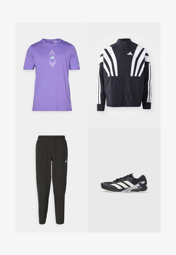 Černá bunda s vysokým límcem, plným zipem a výraznými bílými šikmými pruhy na rukávech. Vyrobena z lehké látky s hladkou texturou.; Fialové tričko s krátkým rukávem vyrobené z měkké tkaniny, s centrálním bílým a zeleným grafickým designem, který obsahuje diamantový tvar a detail loga.; Černé sportovní kalhoty s elastickým pasem, úzkým střihem a bílým logem na levé noze. Hladká, lehká tkanina.; Černá sportovní obuv s bílými pruhy, síťovaným svrškem, zaoblenou špičkou a polstrovanou podrážkou. Obsahuje texturovanou patu a bezpečný systém šněrování.