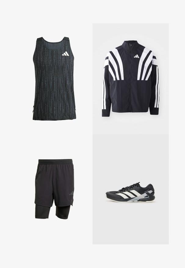 Črna jakna z visokim ovratnikom, popolnim zadrgo in boldnimi belimi diagonalnimi črtami na rokavih. Narejena iz lahkega materiala z gladko teksturo.; Črn atletski brezrokavnik z atmosferskim vzorcem, brezrokavim dizajnom in belimi logotipnimi akcenti. Lahka tkanina z ohlapnim krojem.; Črne atletske hlače s integriranim notranjim slojem, narejene iz zračnega materiala. Imajo subtilen logotip in strukturirano teksturo. Prilagodljiv pas.; Črne atletske čevlje z belimi črtami, mrežastim zgornjim delom, zaobljenim nosom in blaženim podplatom. Imajo teksturiran petni del in varen sistem vezalk.
